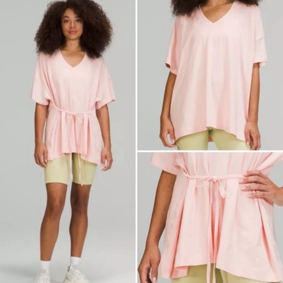 Lululemon Side Tie Waist V Neck T Shirt Pink Mist 10 - Picture 2 of 6